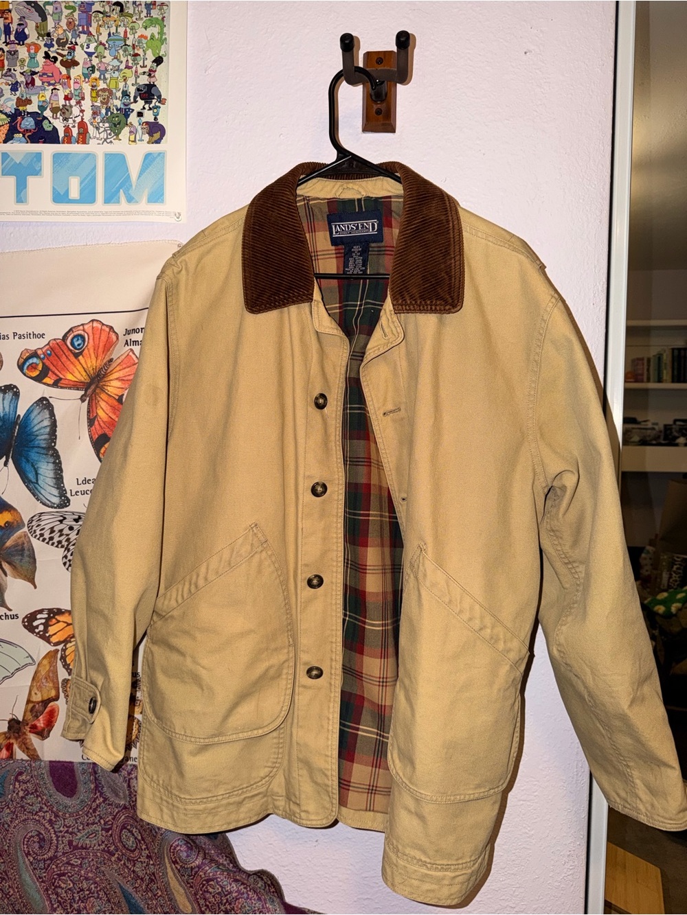 Lands' End Khaki Canvas Jacket with Brown Corduroy Collar
